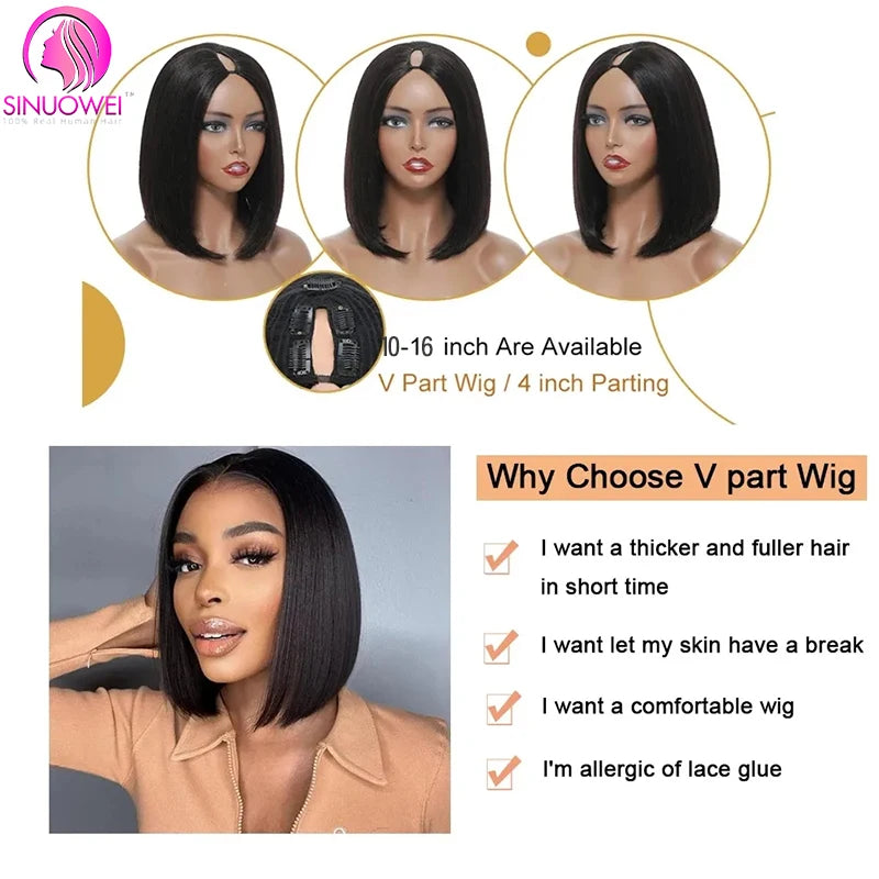 Short V Part Bob Wigs for Women Straight