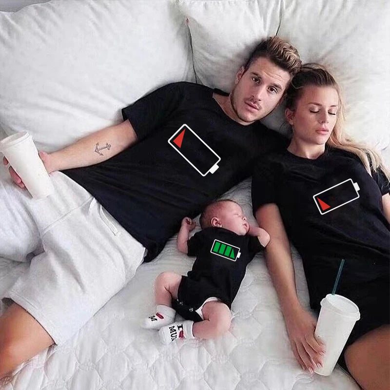 Funny Battery Print Family T Shirt