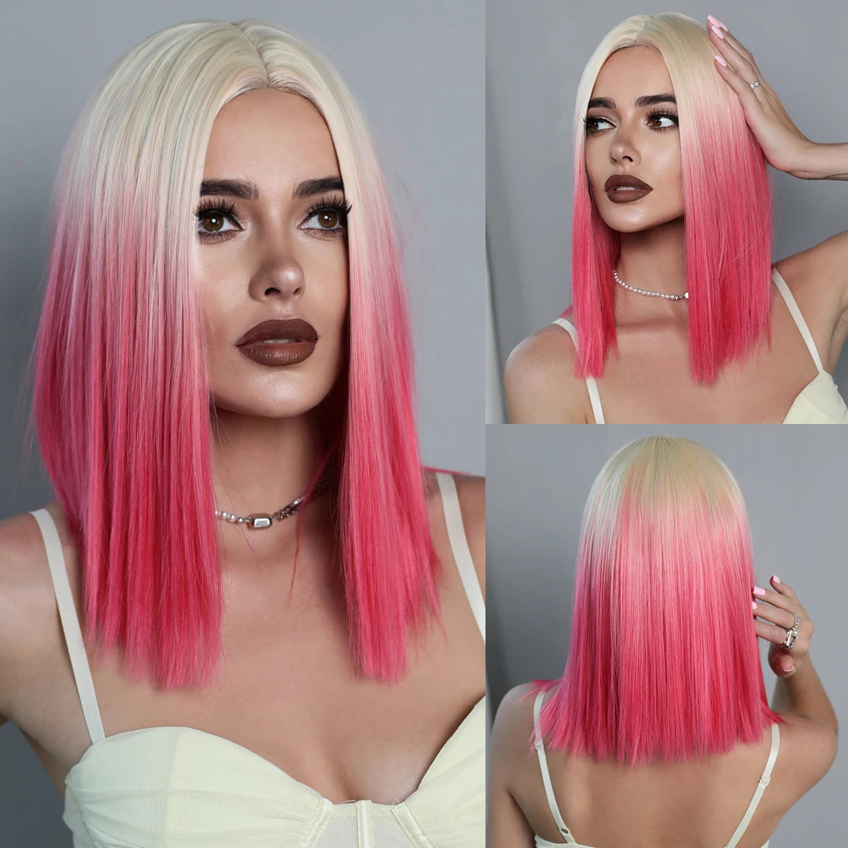 Short Bob Wig with Bangs Synthetic Ombre Wig