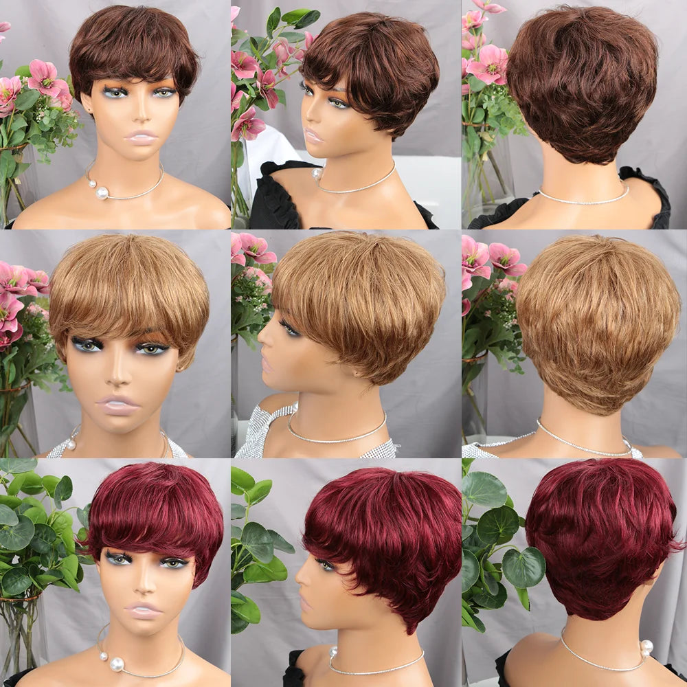 Brown Short Pixie Cut Wig Human Hair For Black